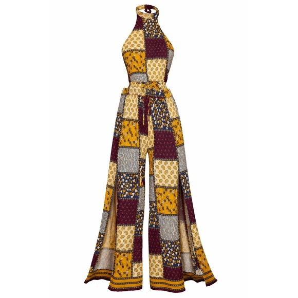 Earthbound Trading Co Pants - Earthbound Trading Co Jumpsuit Women Size M Multicolor Patchwork Halter Wide Leg